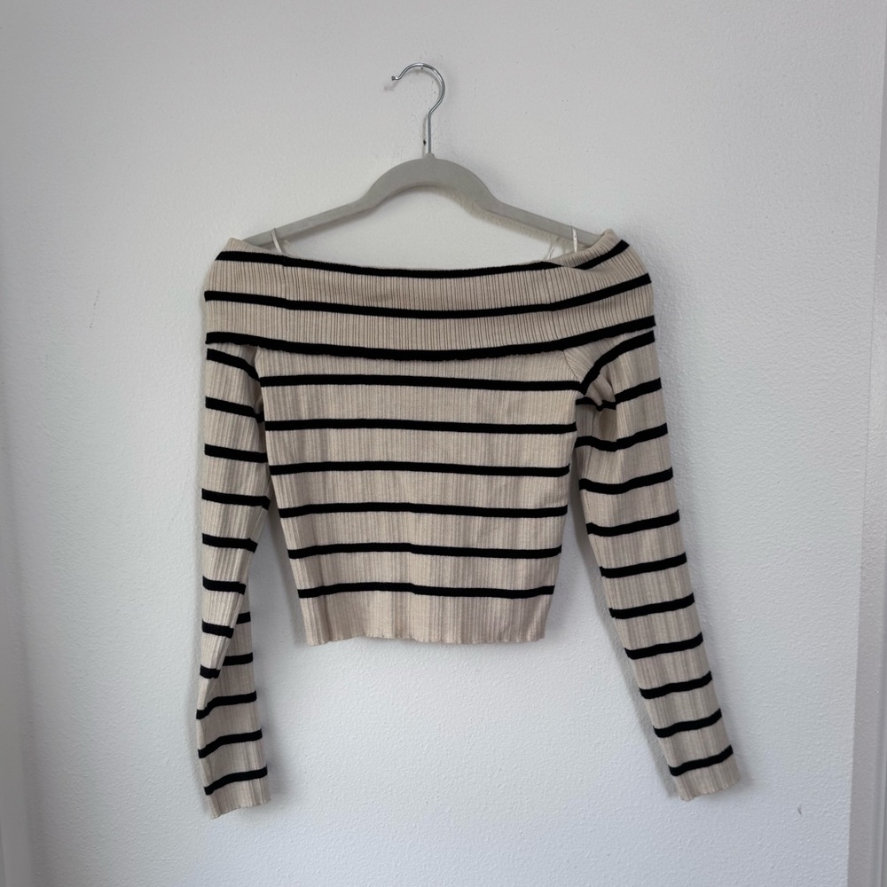 Lush Cream and Black Ribbed Off-Shoulder Top